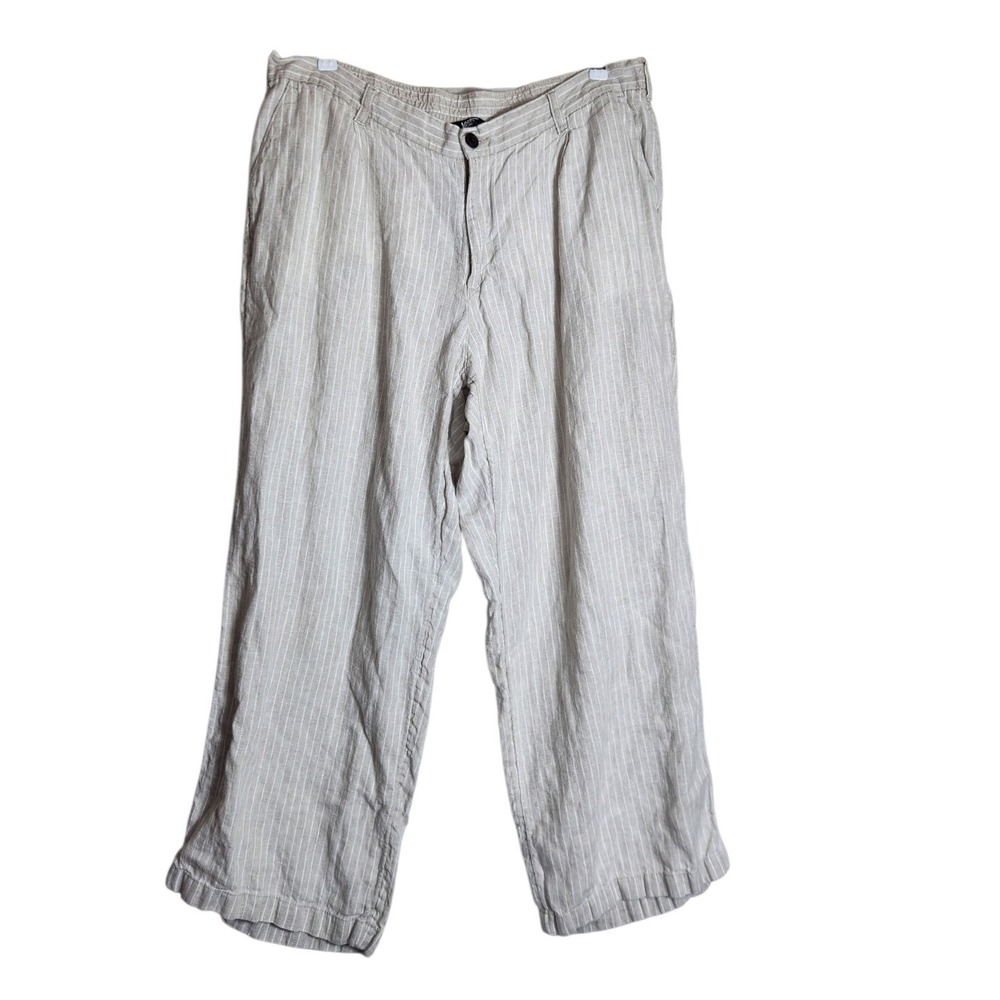 Lands End Womens 18W High Rise Linen Striped Wide Leg Pants Beige White
